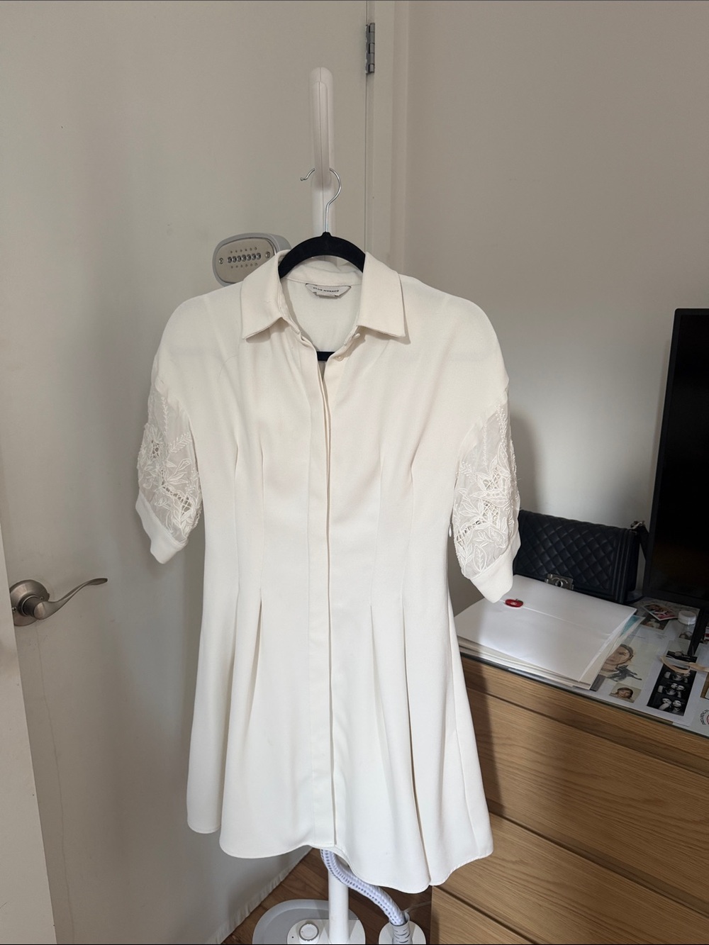 Club Monaco Cream Shirt Dress with Lace Sleeves